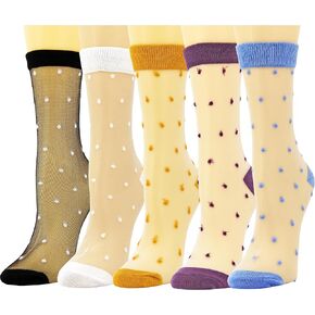 Womens Sheer Socks, Summer Transparent Thin Vintage Flower/Polka Dot Mesh Lace Elastic Jacquard Crystal Glass Socks
