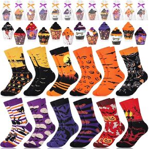 YLOLUL 12 Pairs Halloween Cupcake Socks Gifts for Women Girls Bats Pumpkins Ghosts Socks Bulk Novelty Socks with Gift Wrap