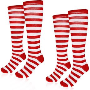 2 Pairs Striped Socks Red and White Knee High Socks for Women Christmas Tube Socks for Outdoor Sport Holiday Costume Accessories