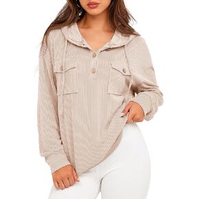 Glamaker Women's Casual Striped Hooded Sweatshirt Button Down Drawstring Hoodies Long Sleeve Pullover with Pockets