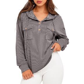 Glamaker Women's Casual Striped Hooded Sweatshirt Button Down Drawstring Hoodies Long Sleeve Pullover with Pockets in Kuwait
