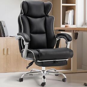 Office Desk Chair with Foot Rest High Back Executive Office Chair for Heavy People PU Leather Computer Chair with Adjustable Backrest Reclining Office Chair with Lumbar Support, Gray