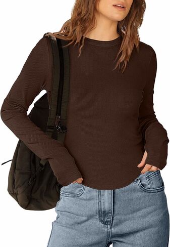 قمصان WIHOLL بأكمام طويلة للنساء بياقة دائرية ومضلعة قطع علوية قصيرة للخروج موضة الخريف ملابس Y2K بقصة ضيقة 2024 in Kuwait