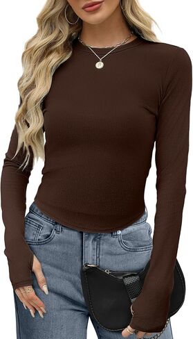 قمصان WIHOLL بأكمام طويلة للنساء بياقة دائرية ومضلعة قطع علوية قصيرة للخروج موضة الخريف ملابس Y2K بقصة ضيقة 2024 in Kuwait