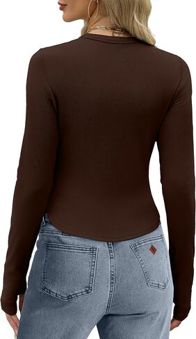 قمصان WIHOLL بأكمام طويلة للنساء بياقة دائرية ومضلعة قطع علوية قصيرة للخروج موضة الخريف ملابس Y2K بقصة ضيقة 2024 in Kuwait