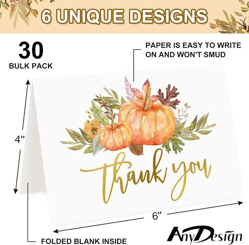 AnyDesign 30 حزمة الخريف رقائق الذهب شكرا لك بطاقات السائبة المائية أوراق القيقب بطاقات المعايدة اليقطين مع ملصقات المغلفات بطاقات ملاحظة فارغة للخريف عيد الشكر استحمام الطفل in Saudi Arabia