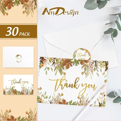 AnyDesign 30 حزمة الخريف رقائق الذهب شكرا لك بطاقات السائبة المائية أوراق القيقب بطاقات المعايدة اليقطين مع ملصقات المغلفات بطاقات ملاحظة فارغة للخريف عيد الشكر استحمام الطفل in Saudi Arabia