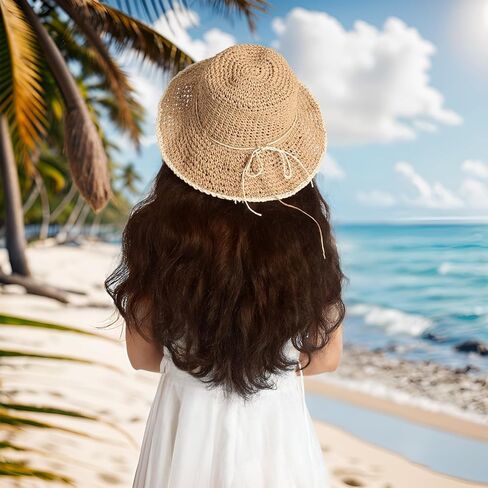 قبعات الشاطئ المصنوعة من القش، قبعات الشمس النسائية للسفر، قبعات الشاطئ الصيفية للنساء كاكي قابلة للطي in Kuwait