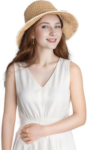 قبعات الشاطئ المصنوعة من القش، قبعات الشمس النسائية للسفر، قبعات الشاطئ الصيفية للنساء كاكي قابلة للطي in Kuwait