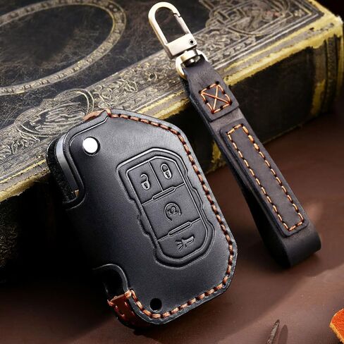 EASYANT Genuine Leather Car Key Fob Cover Compatible with Jeep 2018-2024 Gladiator Wrangler Sahara Rubicon 4 Buttons Black in Saudi Arabia