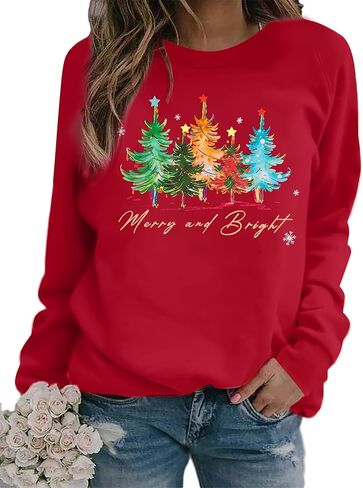 MYHALF عيد الميلاد البلوز المرأة قميص عيد الميلاد: ثلج Crewneck سترة لطيف سانتا الجرافيك القمم مضحك شجرة عيد الميلاد وتتسابق in Saudi Arabia