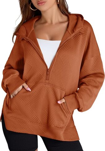 LOMON Womens Oversized Half Zip Hoodies Long Sleeve Textured Casual Sweatshirts Loose Fall Pullover Tops with Pockets in Kuwait