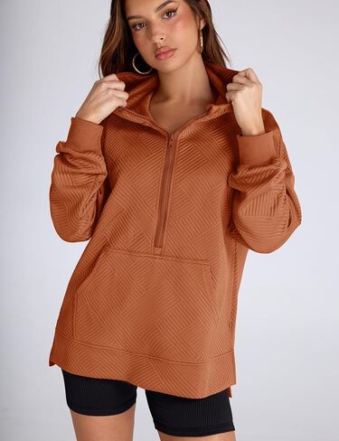 LOMON Womens Oversized Half Zip Hoodies Long Sleeve Textured Casual Sweatshirts Loose Fall Pullover Tops with Pockets in Kuwait