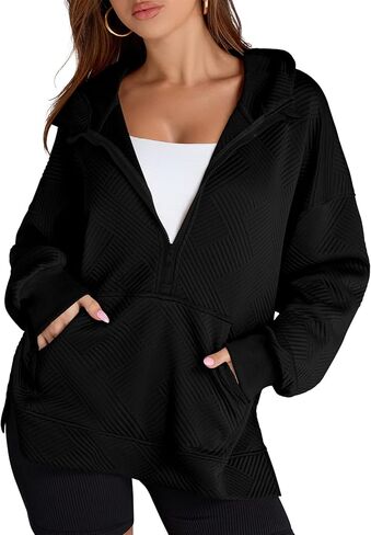 LOMON Womens Oversized Half Zip Hoodies Long Sleeve Textured Casual Sweatshirts Loose Fall Pullover Tops with Pockets in Kuwait