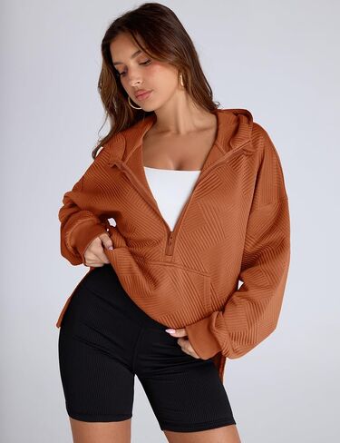 LOMON Womens Oversized Half Zip Hoodies Long Sleeve Textured Casual Sweatshirts Loose Fall Pullover Tops with Pockets in Kuwait
