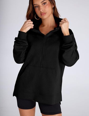LOMON Womens Oversized Half Zip Hoodies Long Sleeve Textured Casual Sweatshirts Loose Fall Pullover Tops with Pockets in Kuwait