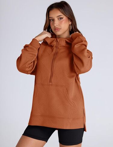 LOMON Womens Oversized Half Zip Hoodies Long Sleeve Textured Casual Sweatshirts Loose Fall Pullover Tops with Pockets in Kuwait