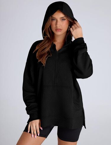 LOMON Womens Oversized Half Zip Hoodies Long Sleeve Textured Casual Sweatshirts Loose Fall Pullover Tops with Pockets in Kuwait