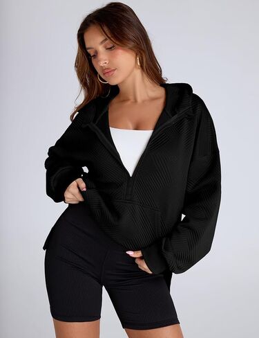LOMON Womens Oversized Half Zip Hoodies Long Sleeve Textured Casual Sweatshirts Loose Fall Pullover Tops with Pockets in Kuwait