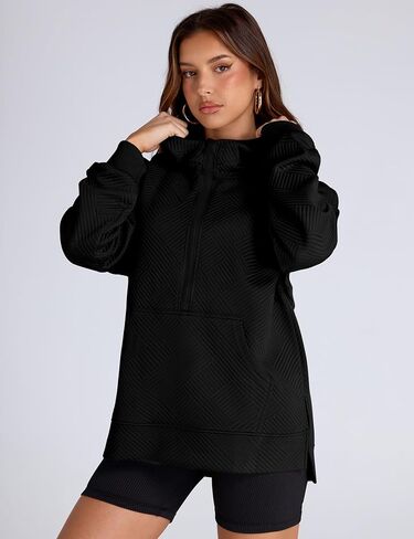 LOMON Womens Oversized Half Zip Hoodies Long Sleeve Textured Casual Sweatshirts Loose Fall Pullover Tops with Pockets in Kuwait