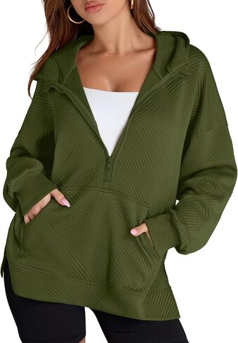 LOMON Womens Oversized Half Zip Hoodies Long Sleeve Textured Casual Sweatshirts Loose Fall Pullover Tops with Pockets in Kuwait