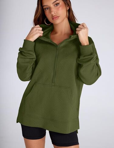 LOMON Womens Oversized Half Zip Hoodies Long Sleeve Textured Casual Sweatshirts Loose Fall Pullover Tops with Pockets in Kuwait