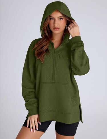 LOMON Womens Oversized Half Zip Hoodies Long Sleeve Textured Casual Sweatshirts Loose Fall Pullover Tops with Pockets in Kuwait