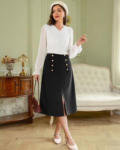 تنانير Belle Poque النسائية بطول الركبة مع جيوب، تنورة عمل مكتبية كلاسيكية غير رسمية لخريف وشتاء in Saudi Arabia