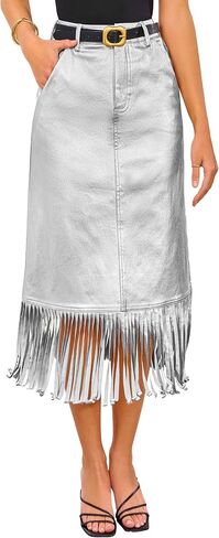 PRETTYGARDEN Women's Metallic Midi Party Skirt Casual High Waisted Fringe Shiny Y2K Long Pencil Skirts Fall Clothes in Saudi Arabia