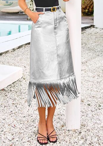 PRETTYGARDEN Women's Metallic Midi Party Skirt Casual High Waisted Fringe Shiny Y2K Long Pencil Skirts Fall Clothes in Saudi Arabia