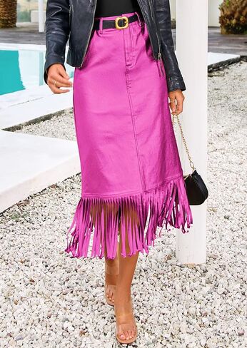 PRETTYGARDEN Women's Metallic Midi Party Skirt Casual High Waisted Fringe Shiny Y2K Long Pencil Skirts Fall Clothes in Saudi Arabia