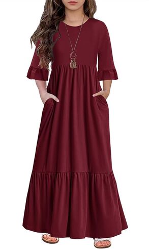 فستان HOSIKA طويل للفتيات برقبة دائرية على شكل حرف A وفضفاض متدرج للعطلات مع جيوب للأعمار من 6 إلى 12 سنة in Kuwait