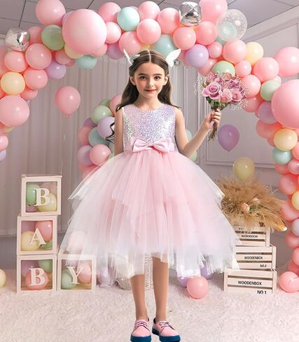 Girls Tutu Sequin Dress Sparkly Tulle Puffy Flower Girl Dress Toddler Girl Dress for Party Wedding Birthday 3-12Y in Saudi Arabia