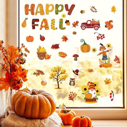 Hooqict 10 Sheets Fall Window Clings Happy Fall Window Stickers Truck Pumpkin Maple Leaves Autumn Window Clings for Thanksgiving Harvest Party Decorations Home Window Glass Decals in Saudi Arabia