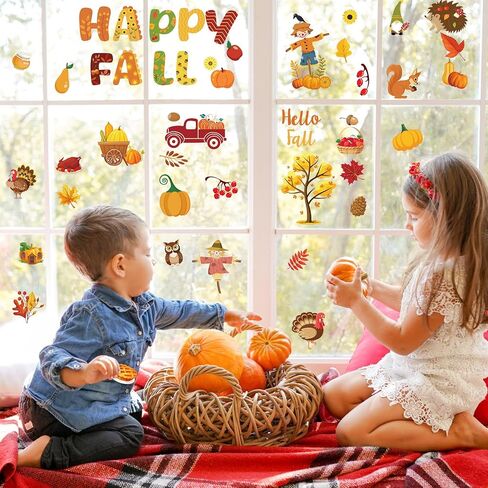 Hooqict 10 Sheets Fall Window Clings Happy Fall Window Stickers Truck Pumpkin Maple Leaves Autumn Window Clings for Thanksgiving Harvest Party Decorations Home Window Glass Decals in Saudi Arabia