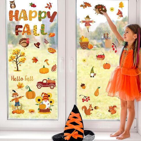 Hooqict 10 Sheets Fall Window Clings Happy Fall Window Stickers Truck Pumpkin Maple Leaves Autumn Window Clings for Thanksgiving Harvest Party Decorations Home Window Glass Decals in Saudi Arabia