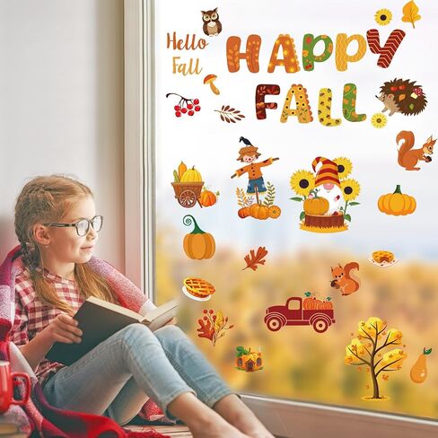 Hooqict 10 Sheets Fall Window Clings Happy Fall Window Stickers Truck Pumpkin Maple Leaves Autumn Window Clings for Thanksgiving Harvest Party Decorations Home Window Glass Decals in Saudi Arabia