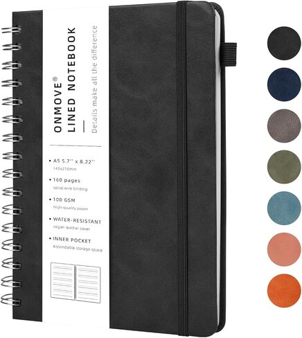 Lined Spiral Notebook Journal for Women Men 160 Pages A5 College Ruled Hardcover Leather with Pen Holder Notebook Journals for Note Taking Work Black in Saudi Arabia
