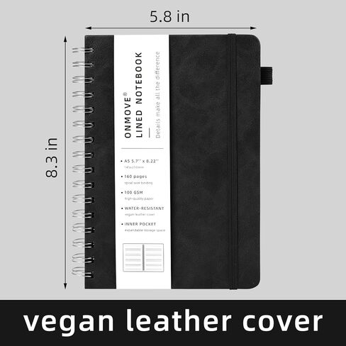 Lined Spiral Notebook Journal for Women Men 160 Pages A5 College Ruled Hardcover Leather with Pen Holder Notebook Journals for Note Taking Work Black in Saudi Arabia