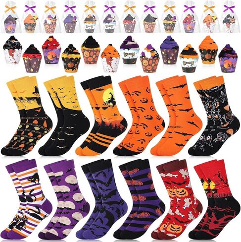 YLOLUL 12 Pairs Halloween Cupcake Socks Gifts for Women Girls Bats Pumpkins Ghosts Socks Bulk Novelty Socks with Gift Wrap in Saudi Arabia