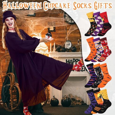 YLOLUL 12 Pairs Halloween Cupcake Socks Gifts for Women Girls Bats Pumpkins Ghosts Socks Bulk Novelty Socks with Gift Wrap in Saudi Arabia