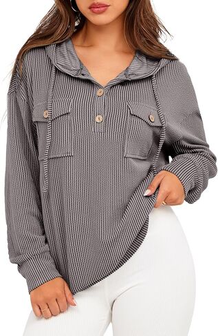 Glamaker Women's Casual Striped Hooded Sweatshirt Button Down Drawstring Hoodies Long Sleeve Pullover with Pockets in Kuwait
