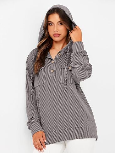 Glamaker Women's Casual Striped Hooded Sweatshirt Button Down Drawstring Hoodies Long Sleeve Pullover with Pockets in Kuwait