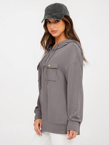 Glamaker Women's Casual Striped Hooded Sweatshirt Button Down Drawstring Hoodies Long Sleeve Pullover with Pockets in Kuwait