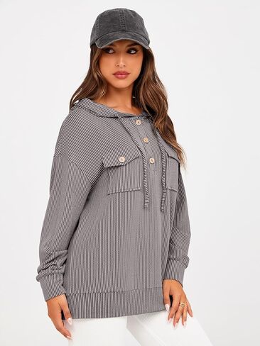 Glamaker Women's Casual Striped Hooded Sweatshirt Button Down Drawstring Hoodies Long Sleeve Pullover with Pockets in Kuwait