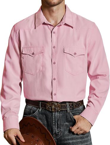VATPAVE Mens Western Cowboy Shirts Button Up Shirts Long Sleeve Work Shirts for Men with Two Pockets in Kuwait