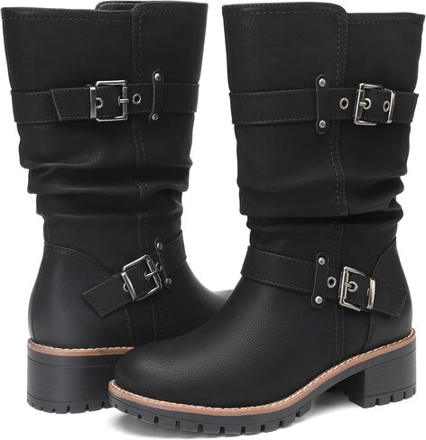 DECARSDZ Women's Mid-Calf Boots Fashion Classic Comfy Biker Motorcycle Riding Low Heel Dress Boot Shoes in Kuwait