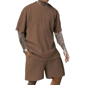 Men's 2 Piece Outfits Textured Drop Shoulder Short Sleeve Tee Tops and Short Sets Summer Outfits