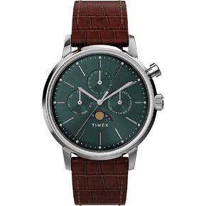 Timex Men's Marlin Moon Phase 40mm Watch - Brown Strap Green Dial Stainless Steel Case