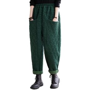 Women Padded Quilted Pants Fall Winter Cotton Warm Casual Wide Leg Pants Elastic Waist Trousers with Pockets